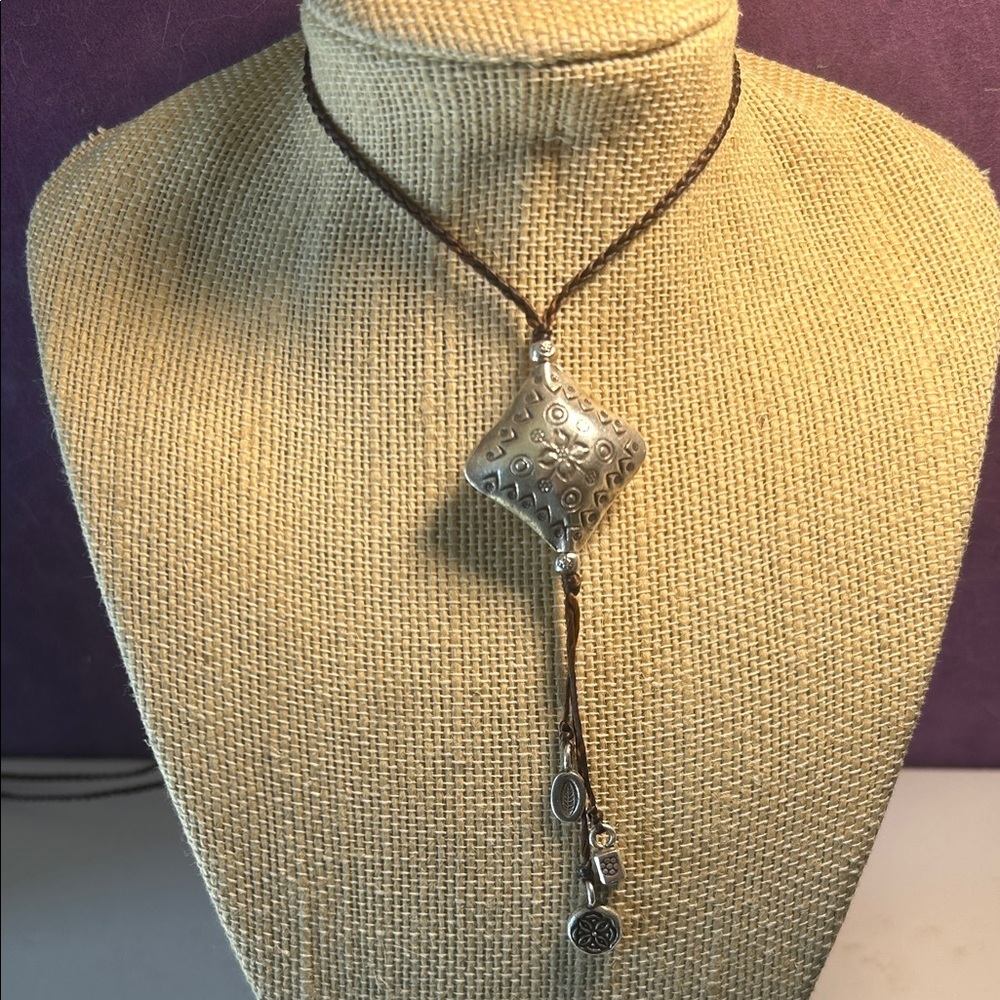 Boho Silver Pendant Brown Cord Necklace